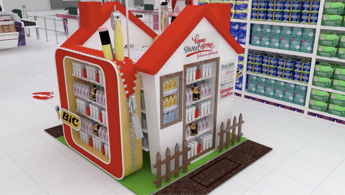 johnson and johnson cross promotion with BIC for back to school activation stand in carrefour